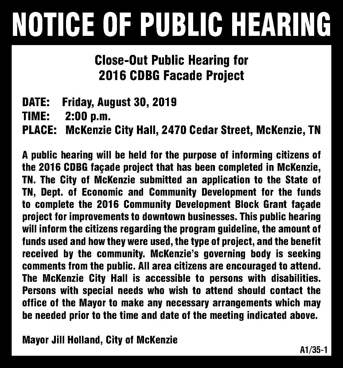 Notice Of Public Hearing - 2016 CDBG Project | The Mckenzie Banner